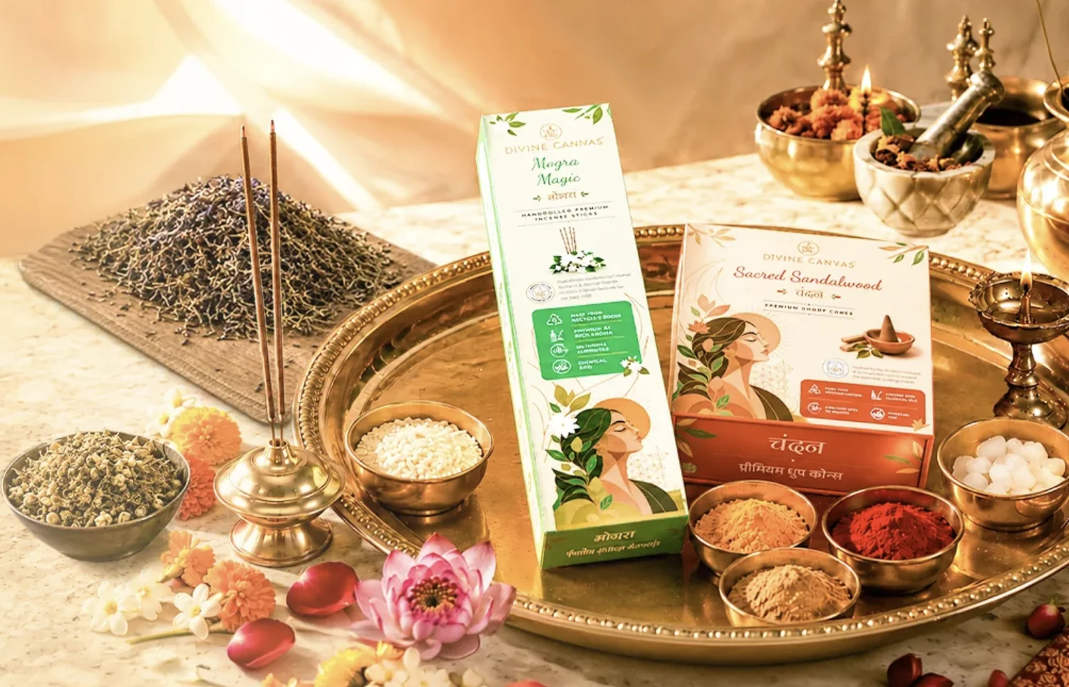 Divine Canvas incense and puja essentials on a brass thali