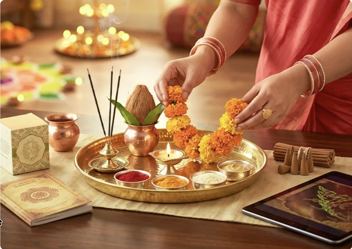 Hands arranging a marigold garland on a puja thali
